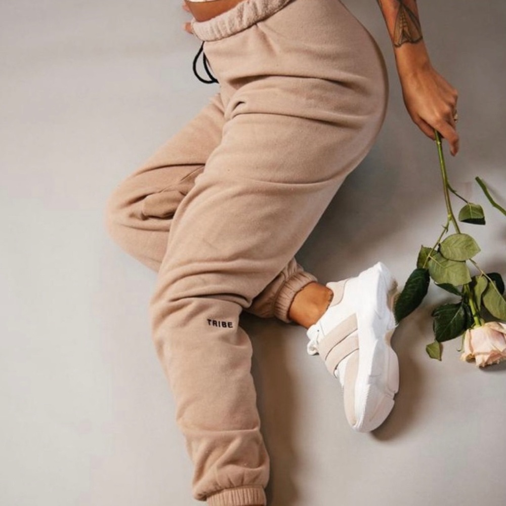 Tribe Kelley Butter Oversized Joggers Tan Beige Black Embroidered XS / Small